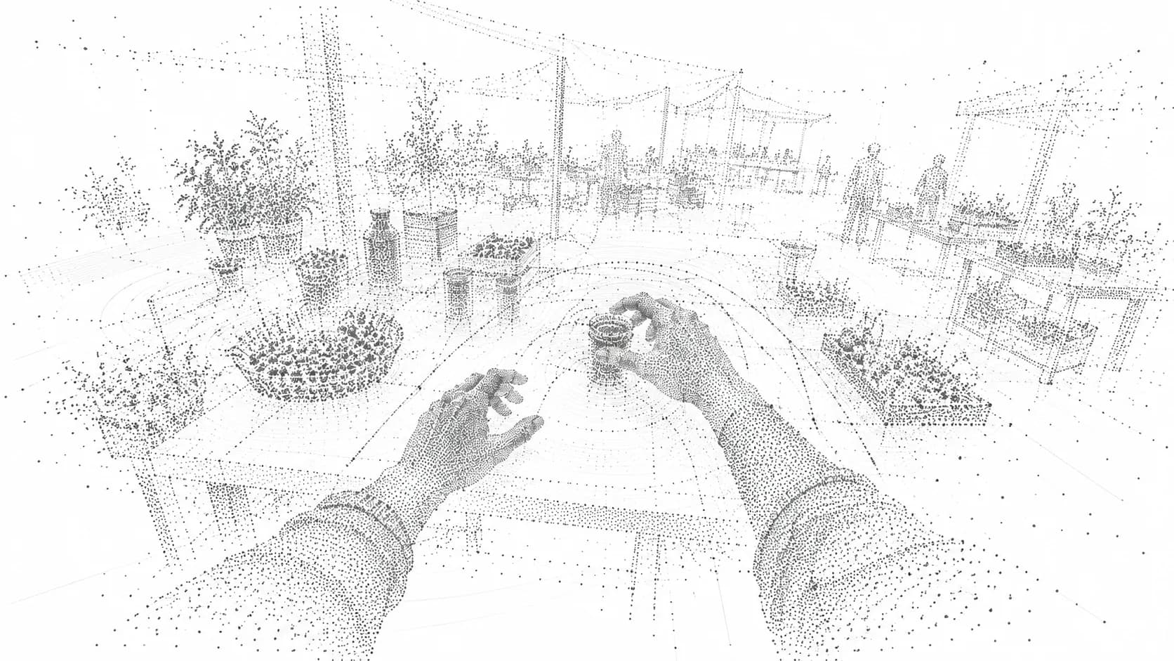 Point-cloud illustration of a market stall seen from the stallholder's hands
