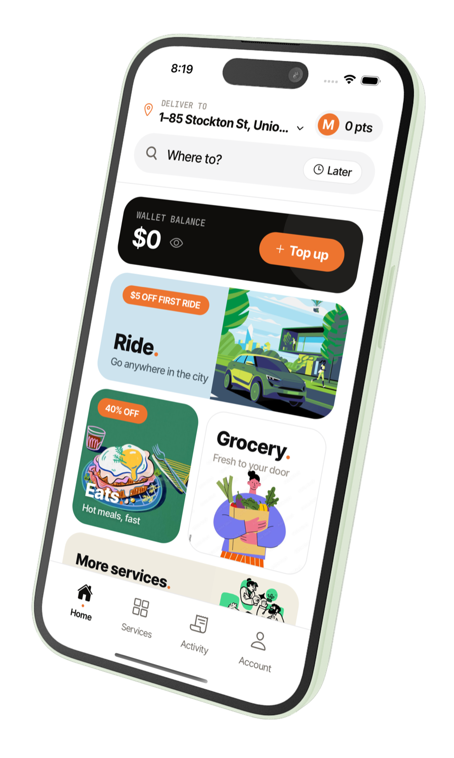 Loko app on a phone — rides, eats and grocery